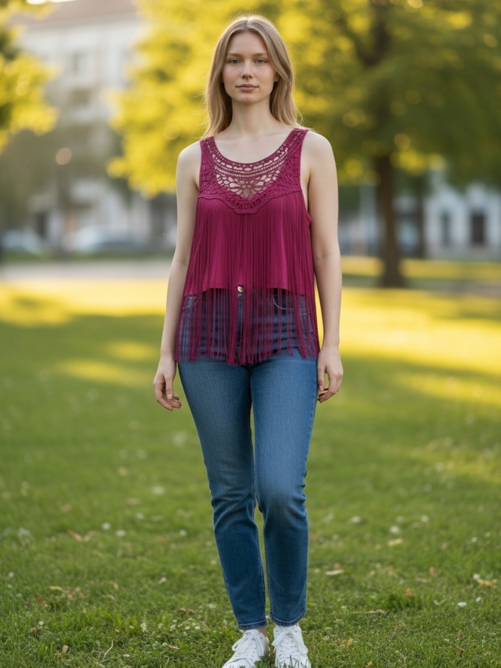 Fuchsia Crochet Fringe Camisole Tank Top